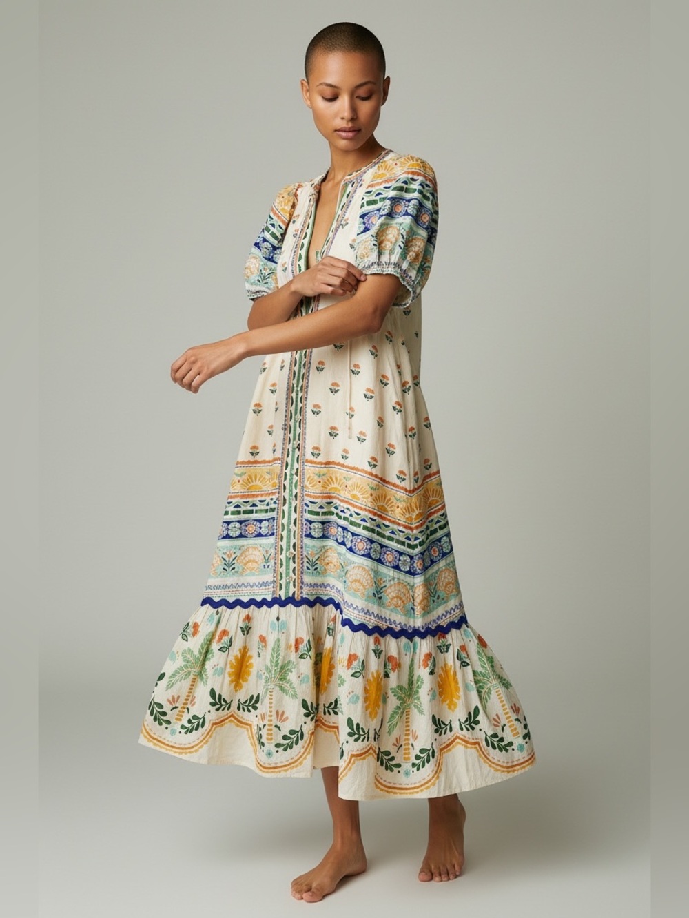 Monsoon x Charlie Taylor Printed Puff Sleeve Midi Dress Ivory